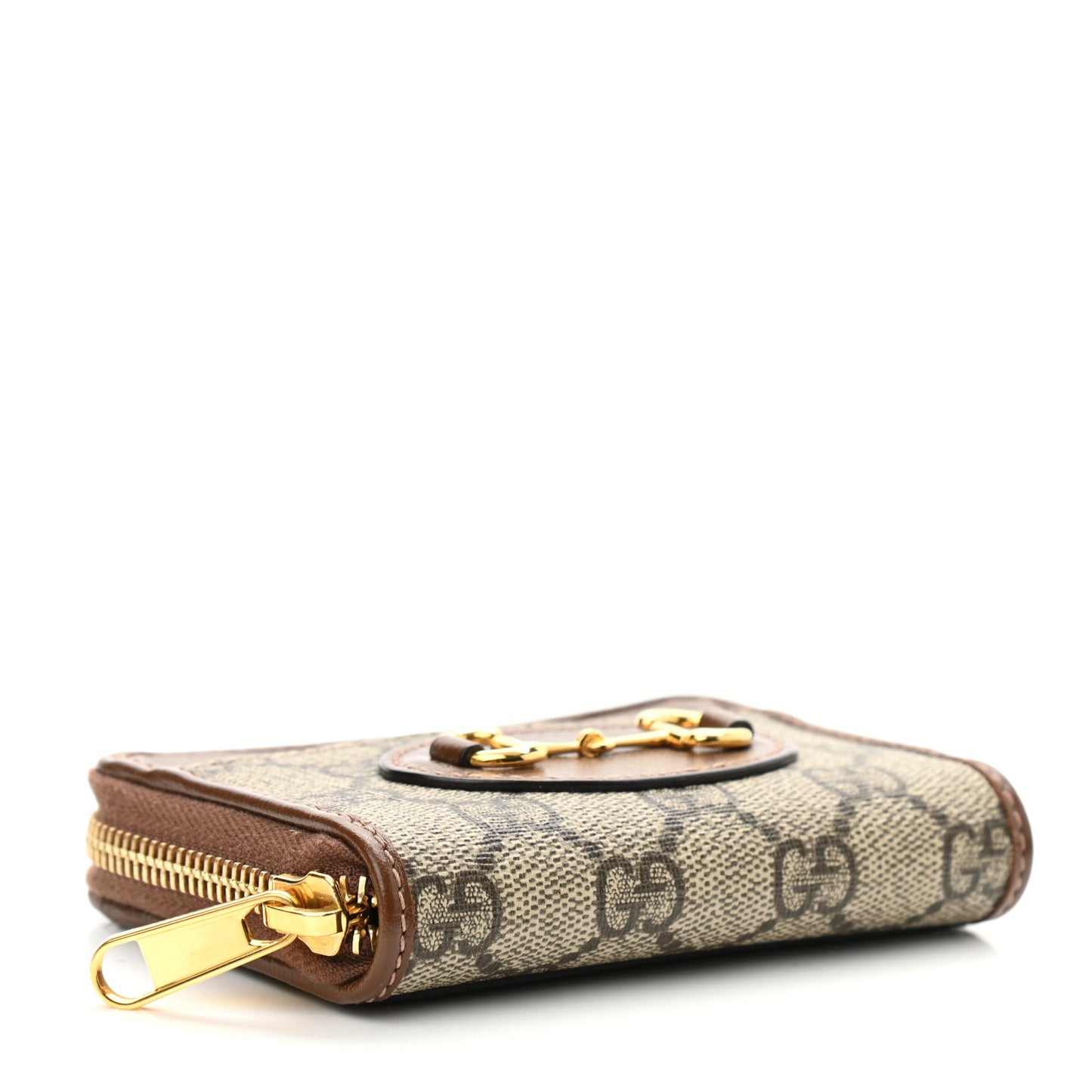 GG Supreme Monogram Azalea Calfskin Horsebit 1955 Zip Around ID Card Case Wallet Beige Ebony Brown Sugar