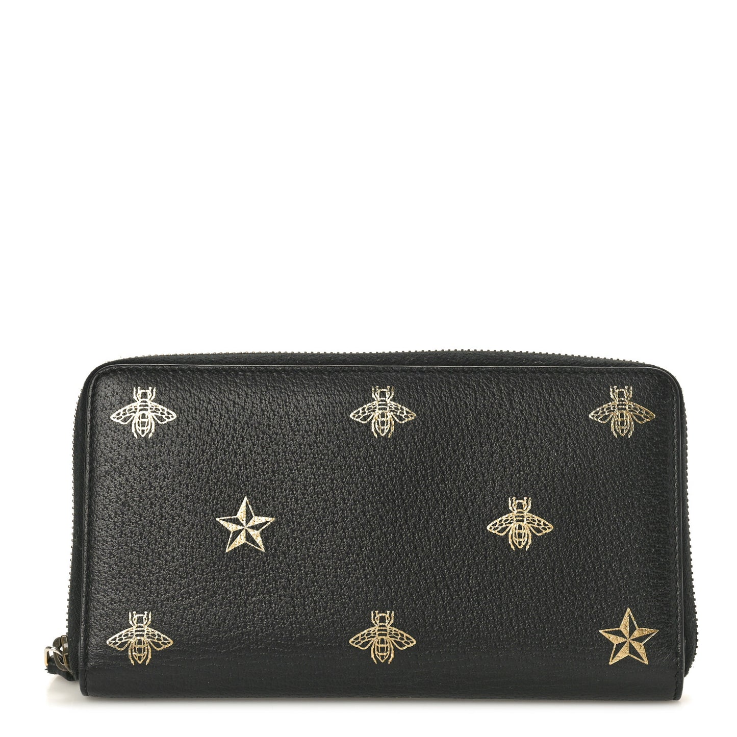 Dollar Calfskin Bee Star Zip Around Wallet Black