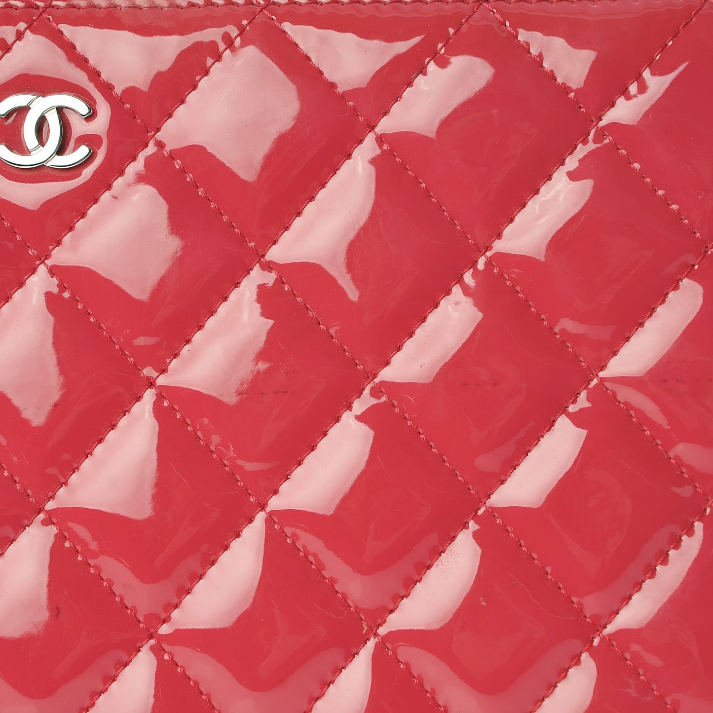 Patent Calfskin Quilted Valentine Hearts Medium O Cosmetic Case Dark Pink