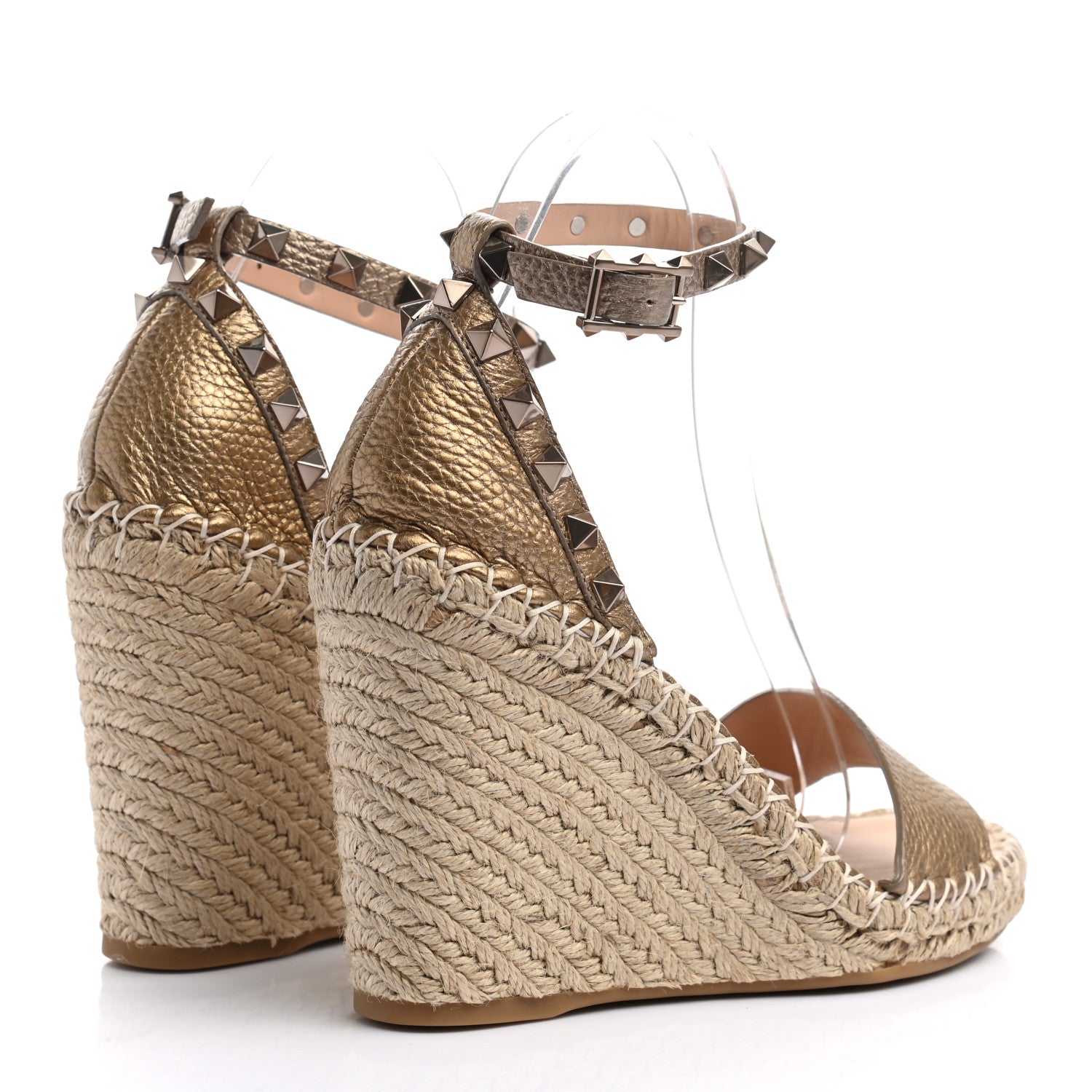 Valentino Garavani Metallic Pebbled Calfskin Rockstud Ankle Strap Espadrille 15/105mm Wedge Sandals 36 Skin Natural 4 of 8