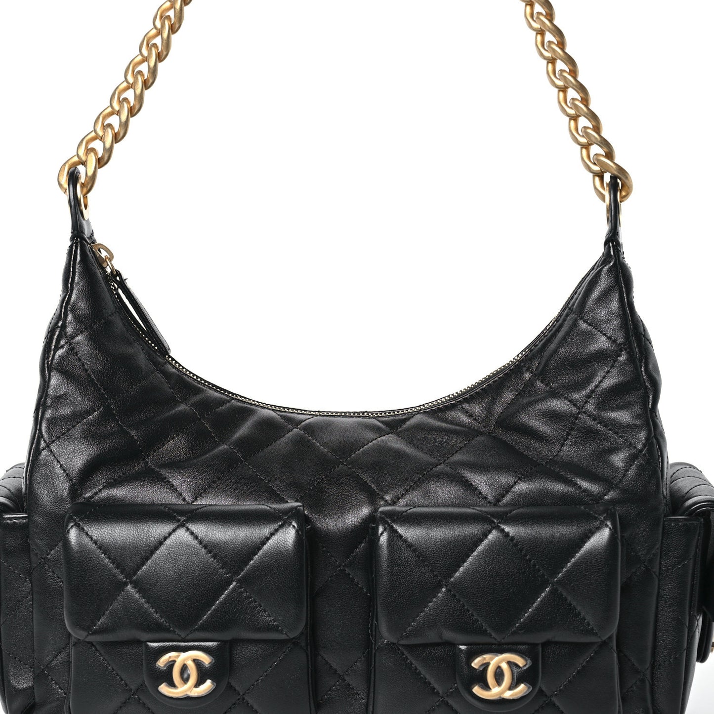 Shiny Lambskin Quilted Trendy Pockets Hobo Black