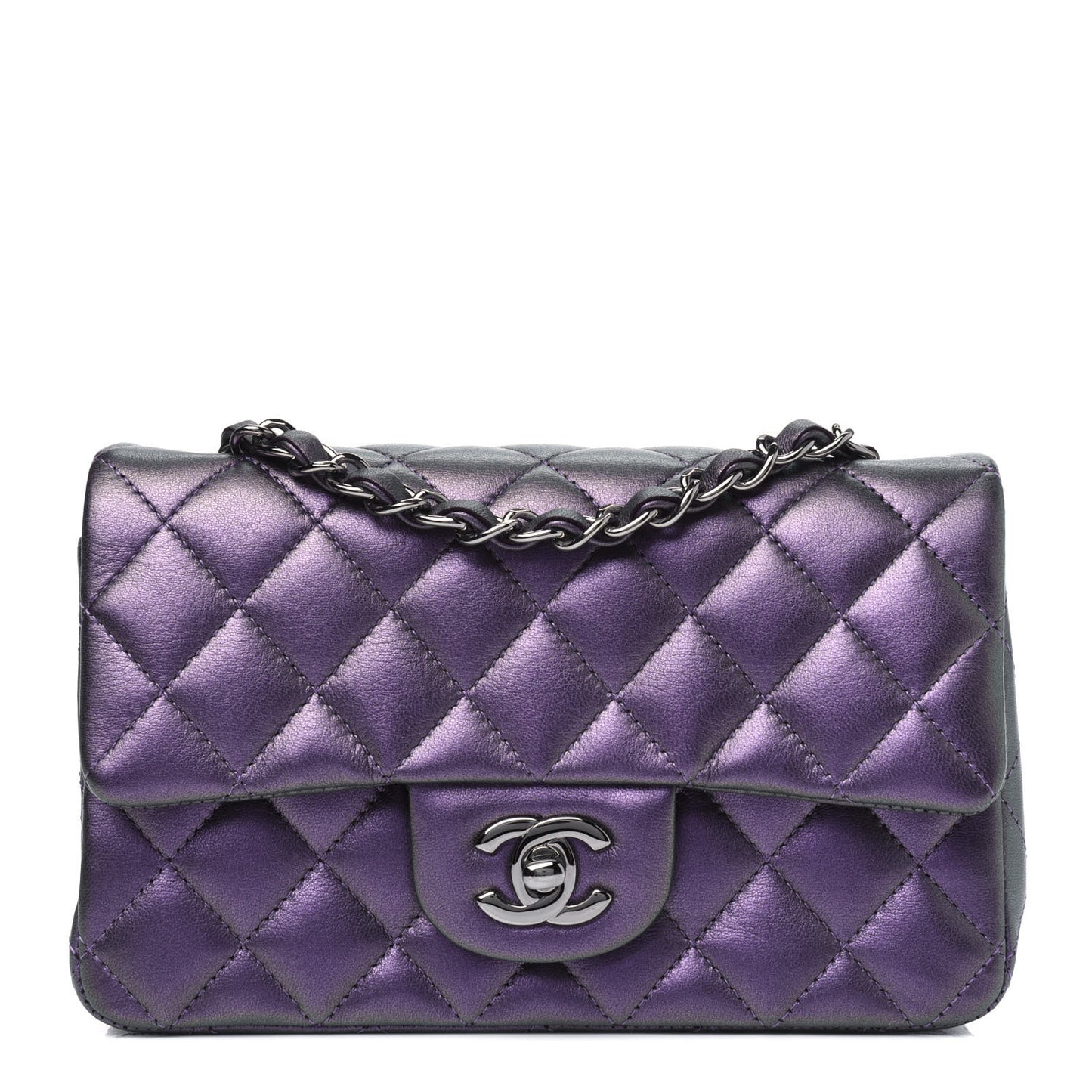 Metallic Lambskin Quilted Mini Rectangular Flap Purple