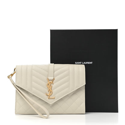 Saint Laurent Grain De Poudre Textured Mixed Matelasse Triquilt Monogram Clutch Blanc Vintage 8 of 8