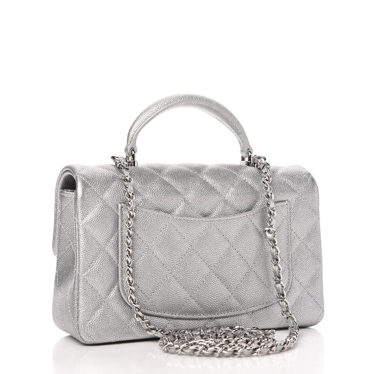 Metallic Caviar Quilted Mini Top Handle Rectangular Flap Silver
