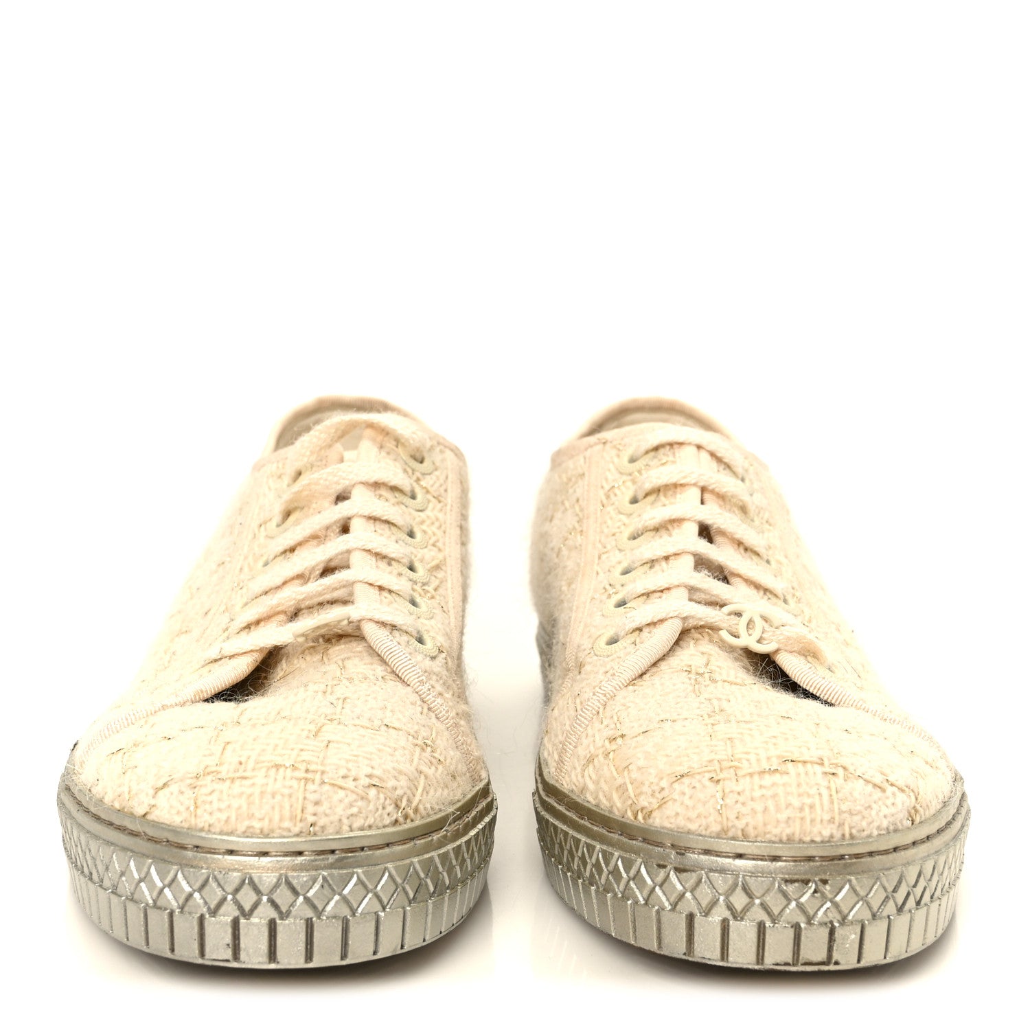 Chanel Tweed Lace Up Sneakers 39 Gold Ecru 3 of 8