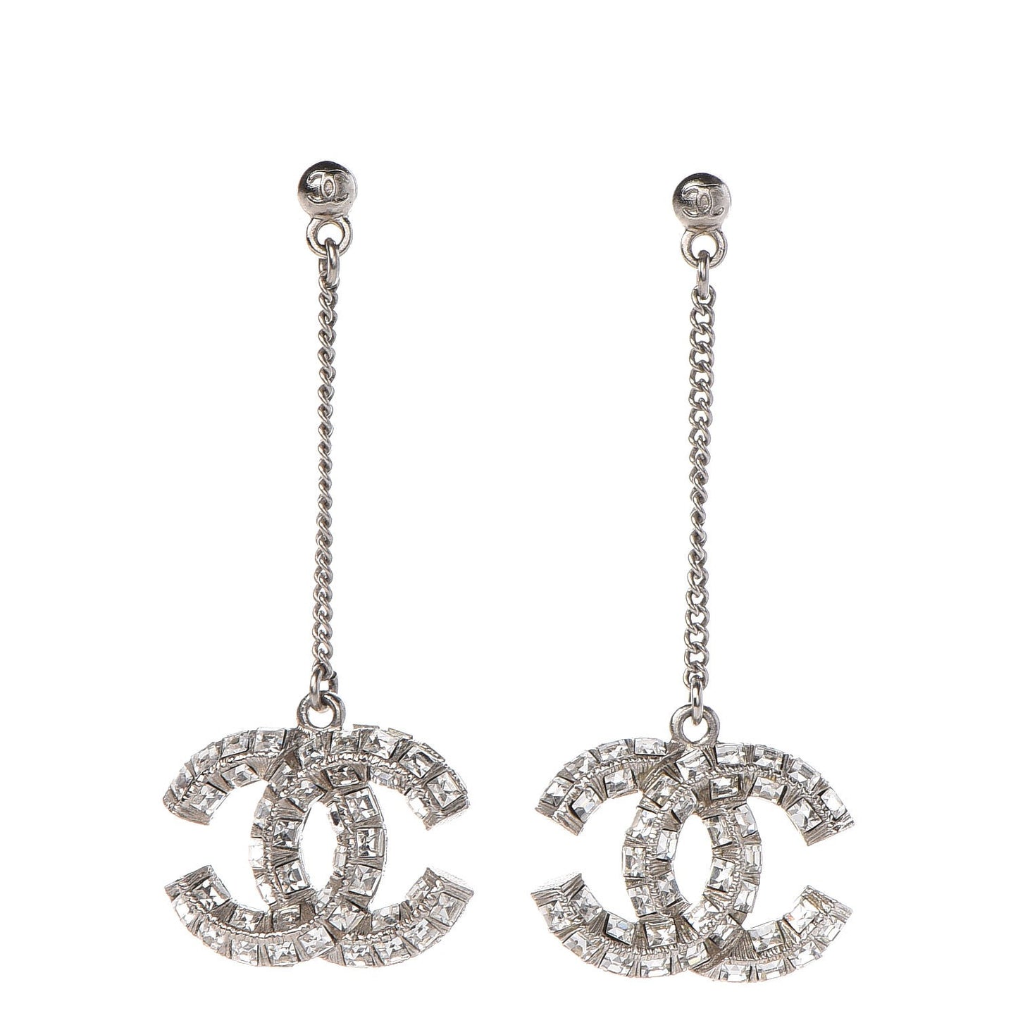 Baguette Crystal CC Drop Earrings Silver