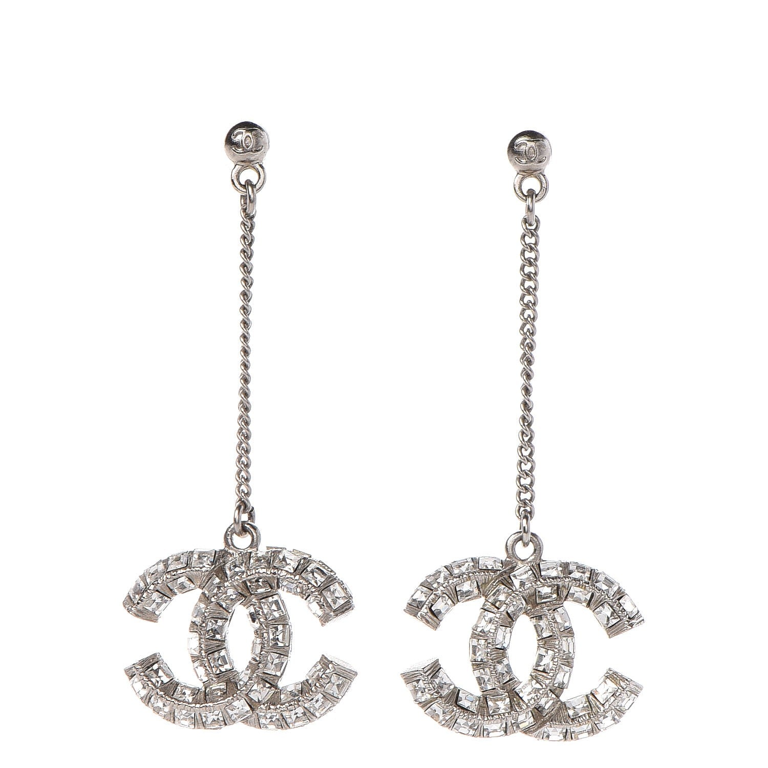 Chanel Baguette Crystal CC Drop Earrings Silver 1 of 3