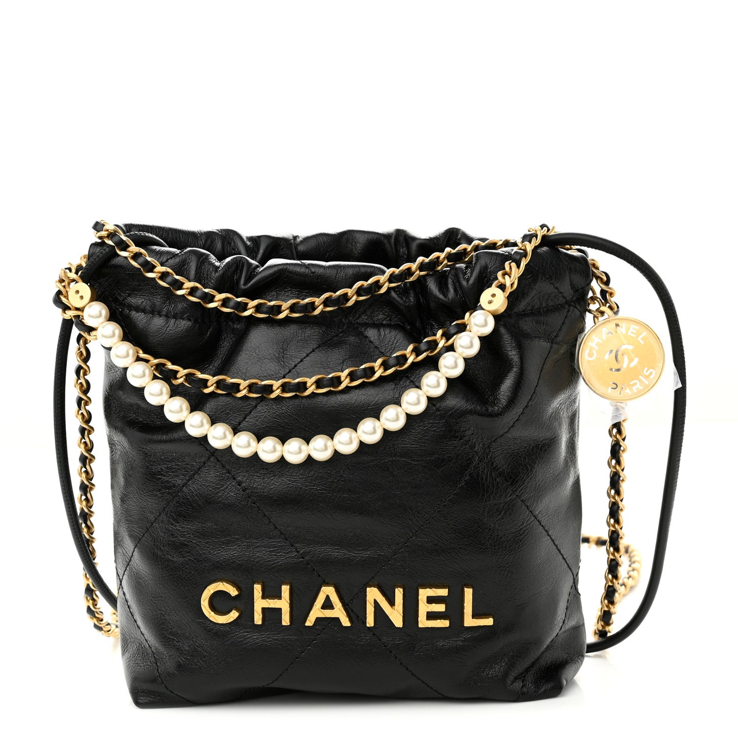 Shiny Crumpled Calfskin Quilted Pearl Mini Chanel 22 Black