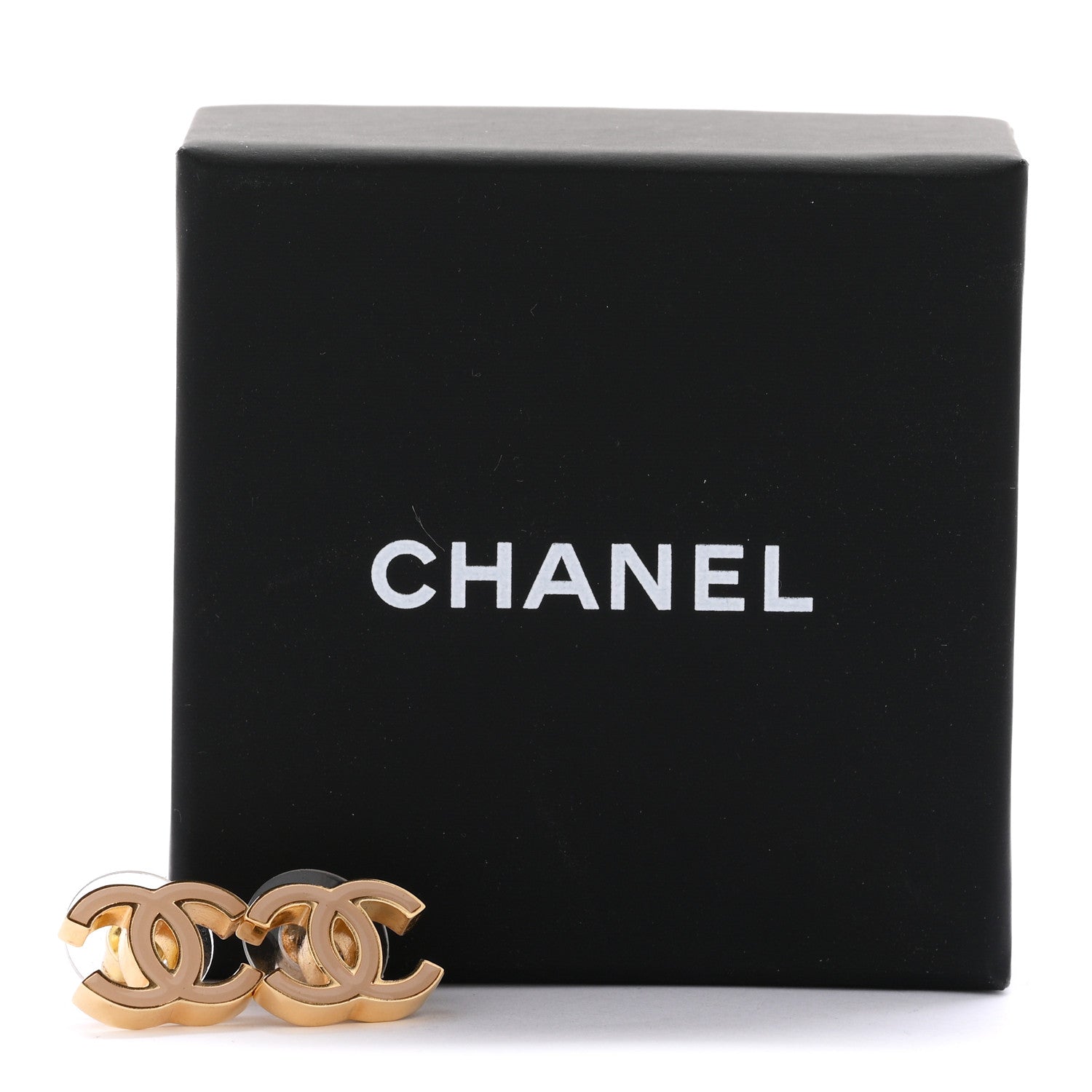 Chanel Metal Enamel CC Earrings Gold Biege 5 of 5