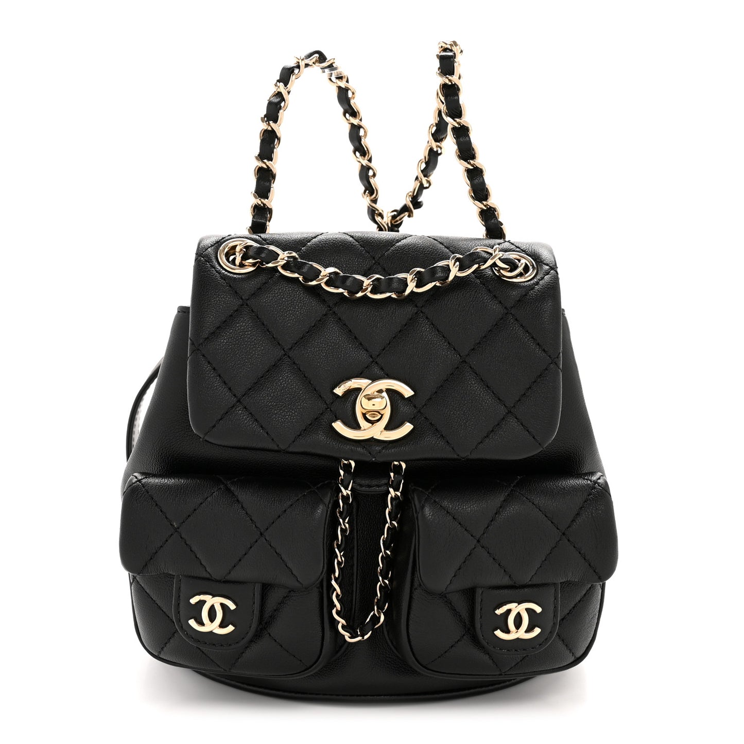 Calfskin Quilted Mini Duma Pockets Drawstring Backpack Black