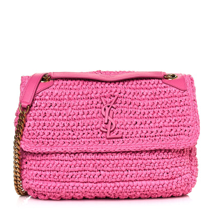 Saint Laurent Raffia Calfskin Monogram Medium Niki Chain Satchel Bright Pink 1 of 14