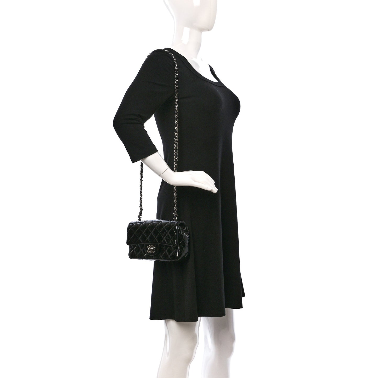 Patent Calfskin Quilted Mini Rectangular Flap Black