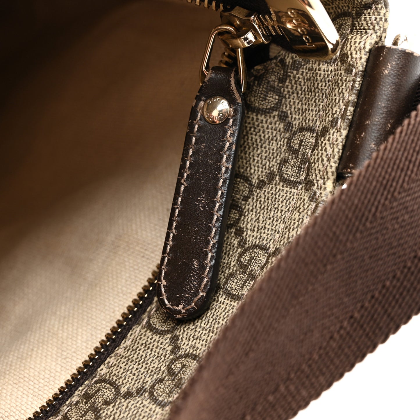 GG Supreme Monogram Selleria Calfskin Small Flat Side Zip Messenger Bag Beige Ebony Cocoa Dark Chocolate