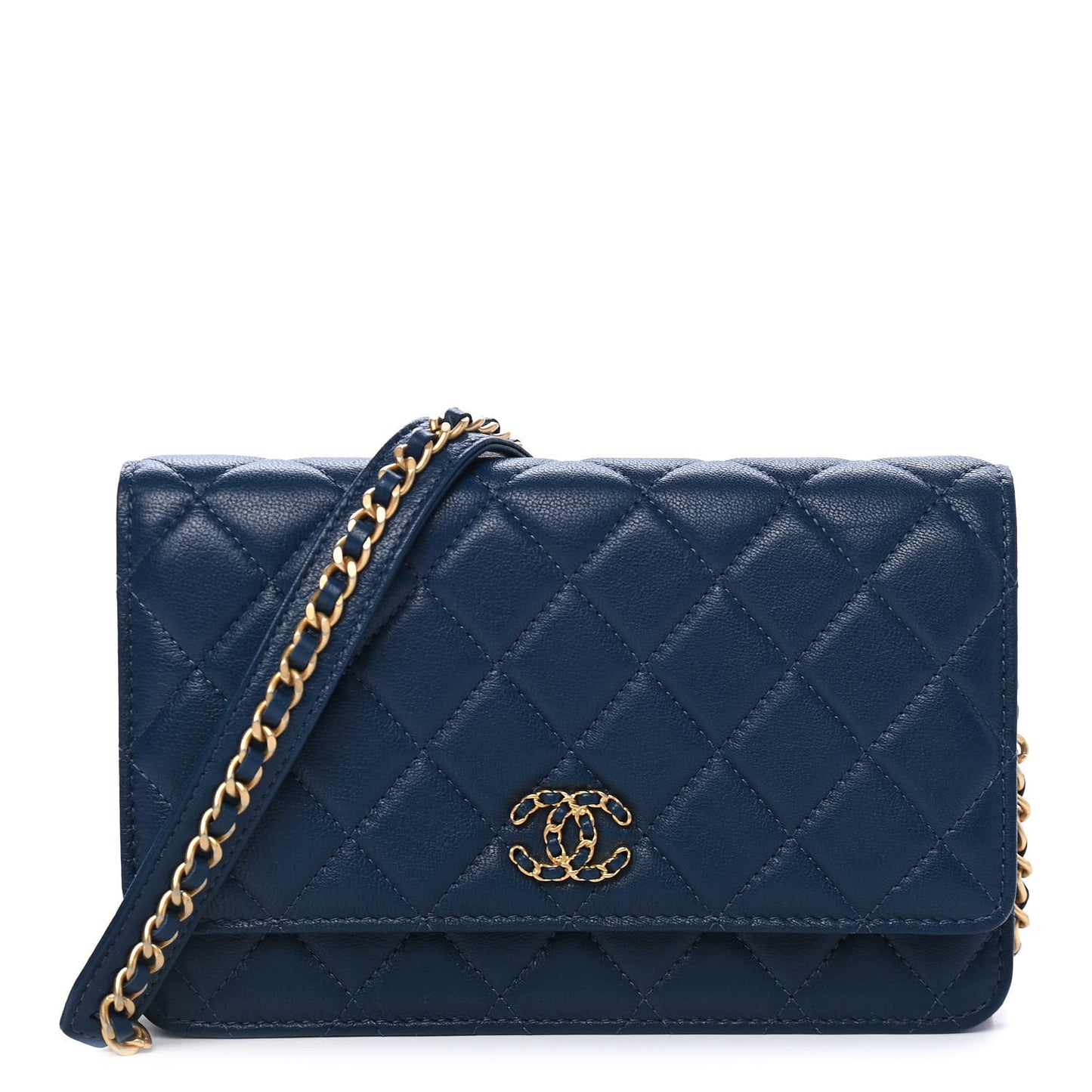Goatskin Quilted Chanel 19 Wallet On Chain WOC Blue