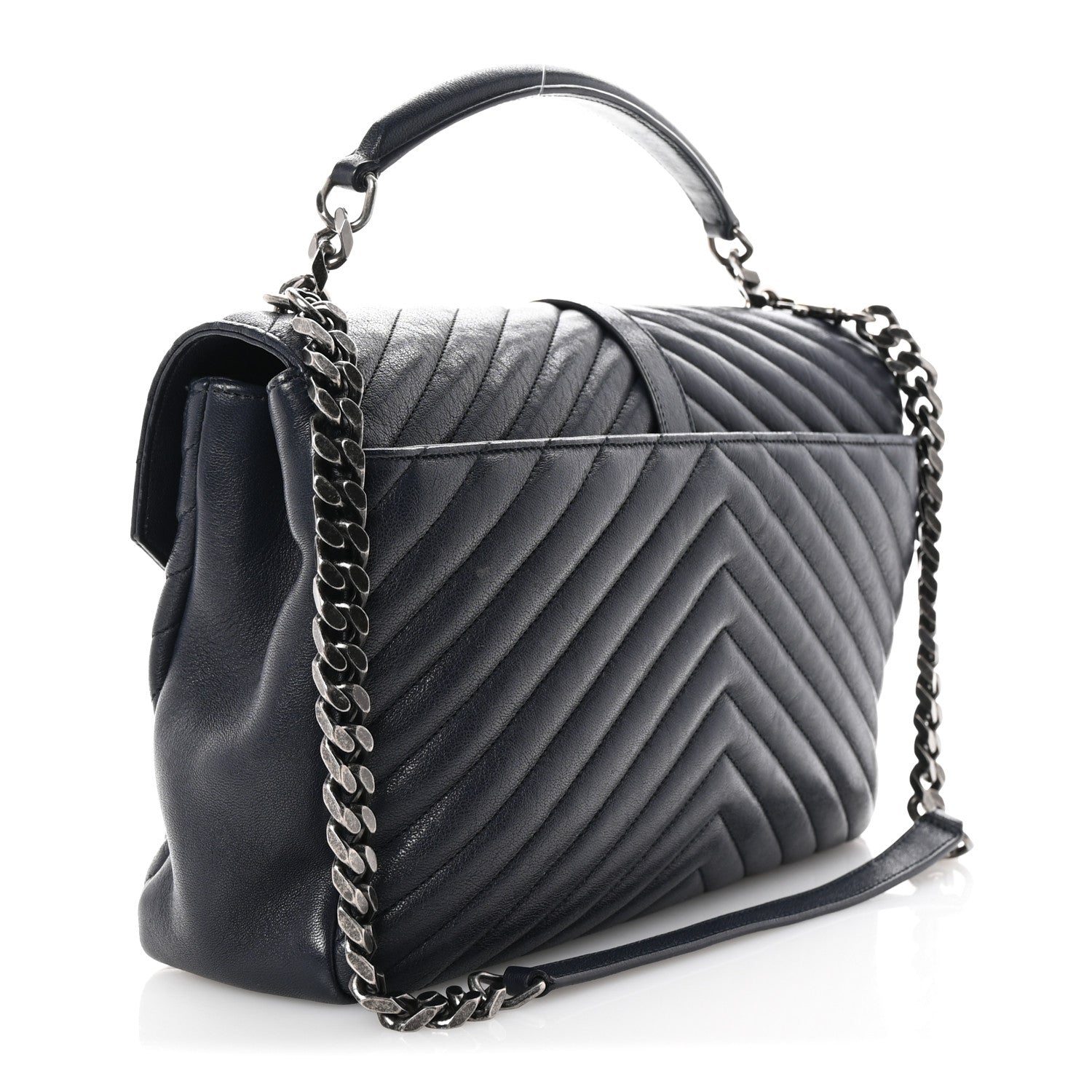 Saint Laurent Sheepskin Matelasse Chevron Monogram Large College Satchel Deep Marine 3 of 9