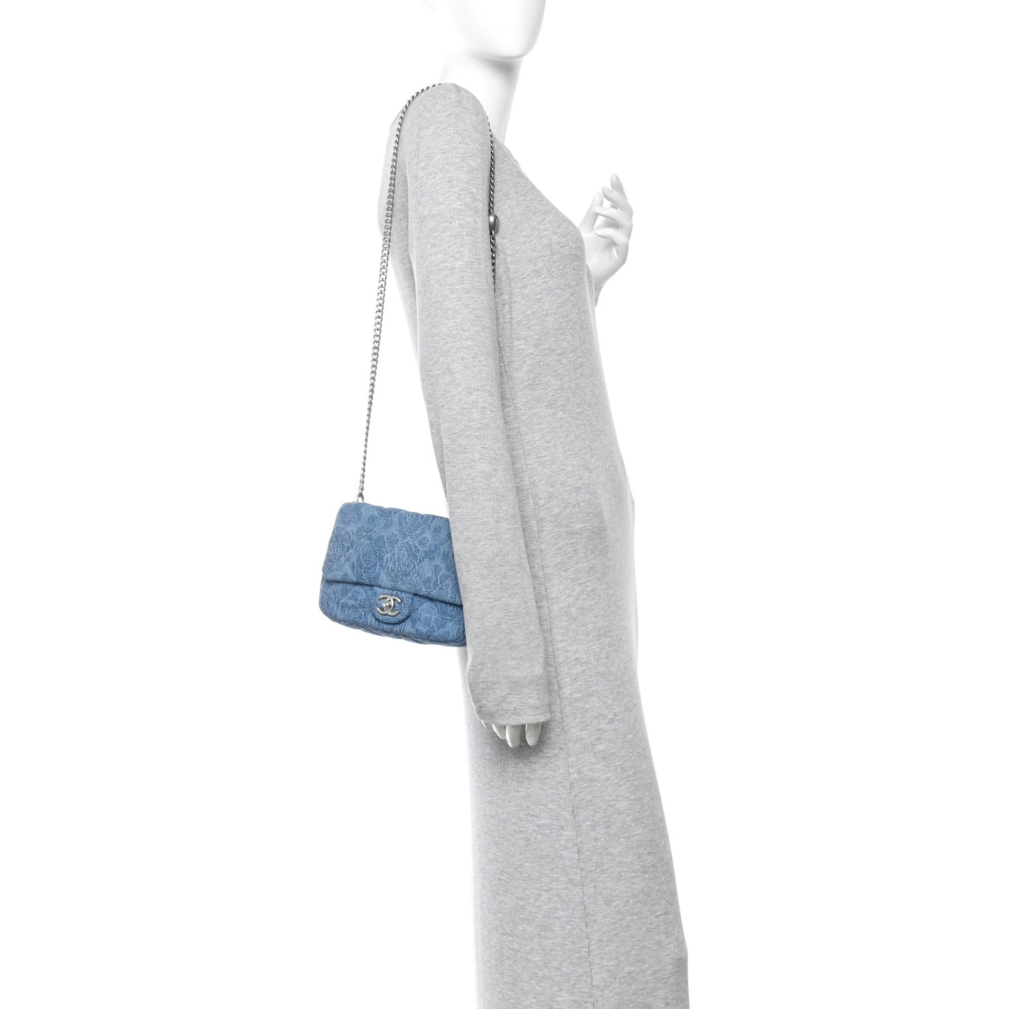 Denim Quilted Camellia Sweetheart Mini Flap Blue
