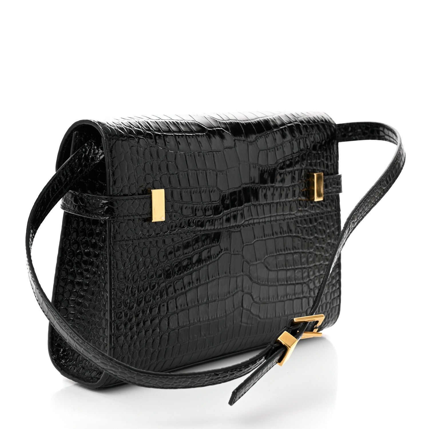Saint Laurent Shiny Calfskin Crocodile Embossed Small Manhattan Baguette Black 3 of 9