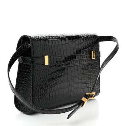 Saint Laurent Shiny Calfskin Crocodile Embossed Small Manhattan Baguette Black 3 of 9