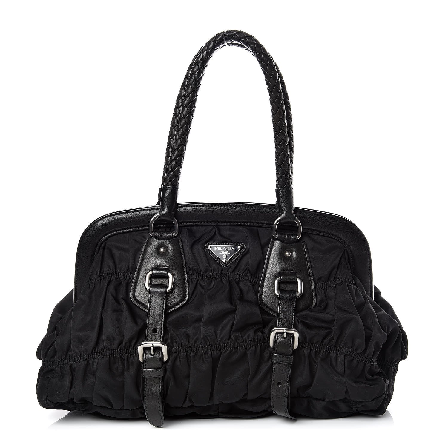 Prada Tessuto Nylon Nappa Braided Gaufre Frame Black 1 of 9
