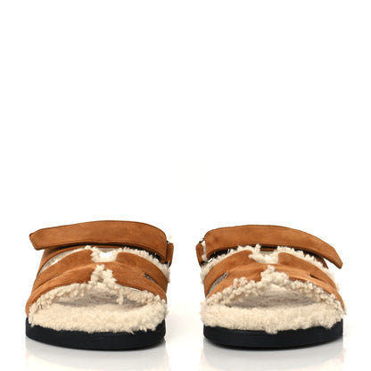 Hermes Suede Goatskin Woolskin Womens Chypre Sandals 36.5 Brun Fume Ecru 2 of 8