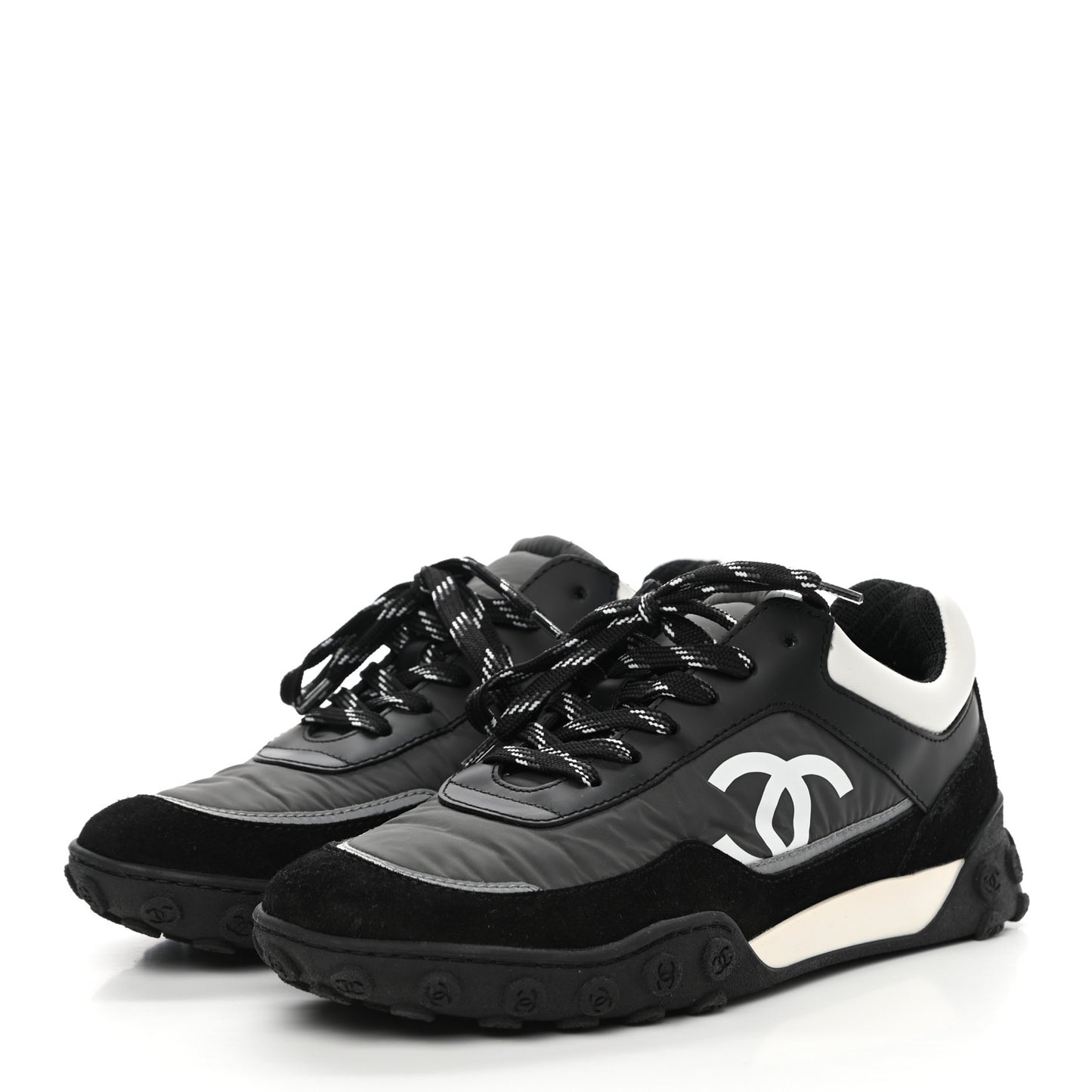 Nylon Calfskin Suede Womens CC Sneakers 37 Black Grey White