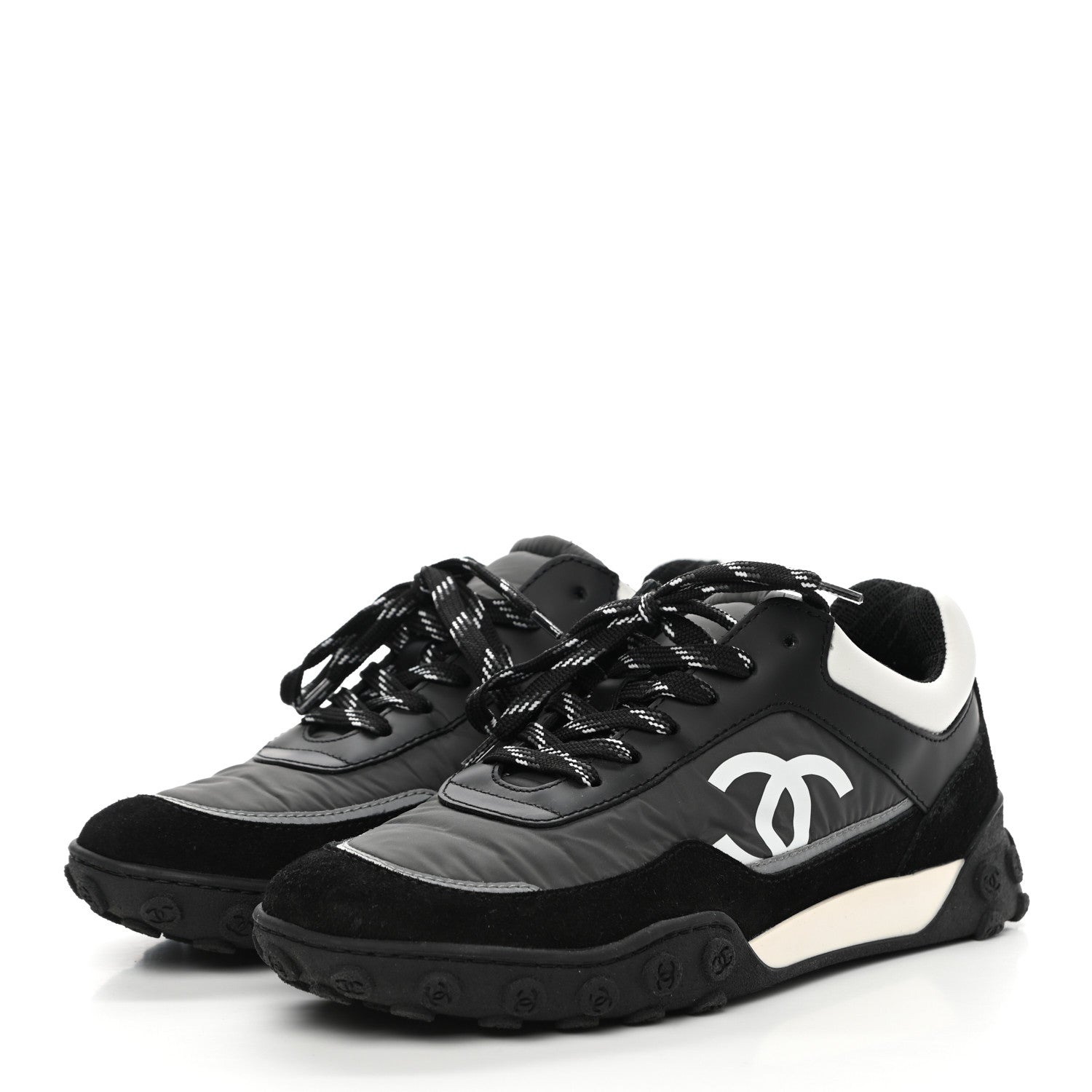 Chanel Nylon Calfskin Suede Womens CC Sneakers 37 Black Grey White 3 of 9