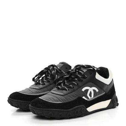 Chanel Nylon Calfskin Suede Womens CC Sneakers 37 Black Grey White 3 of 9