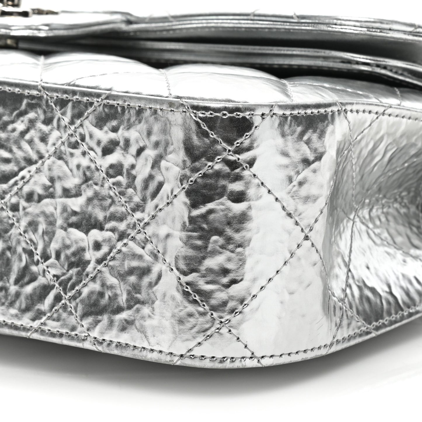 Hammered Metallic Calfskin Quilted Small Double Flap Silver