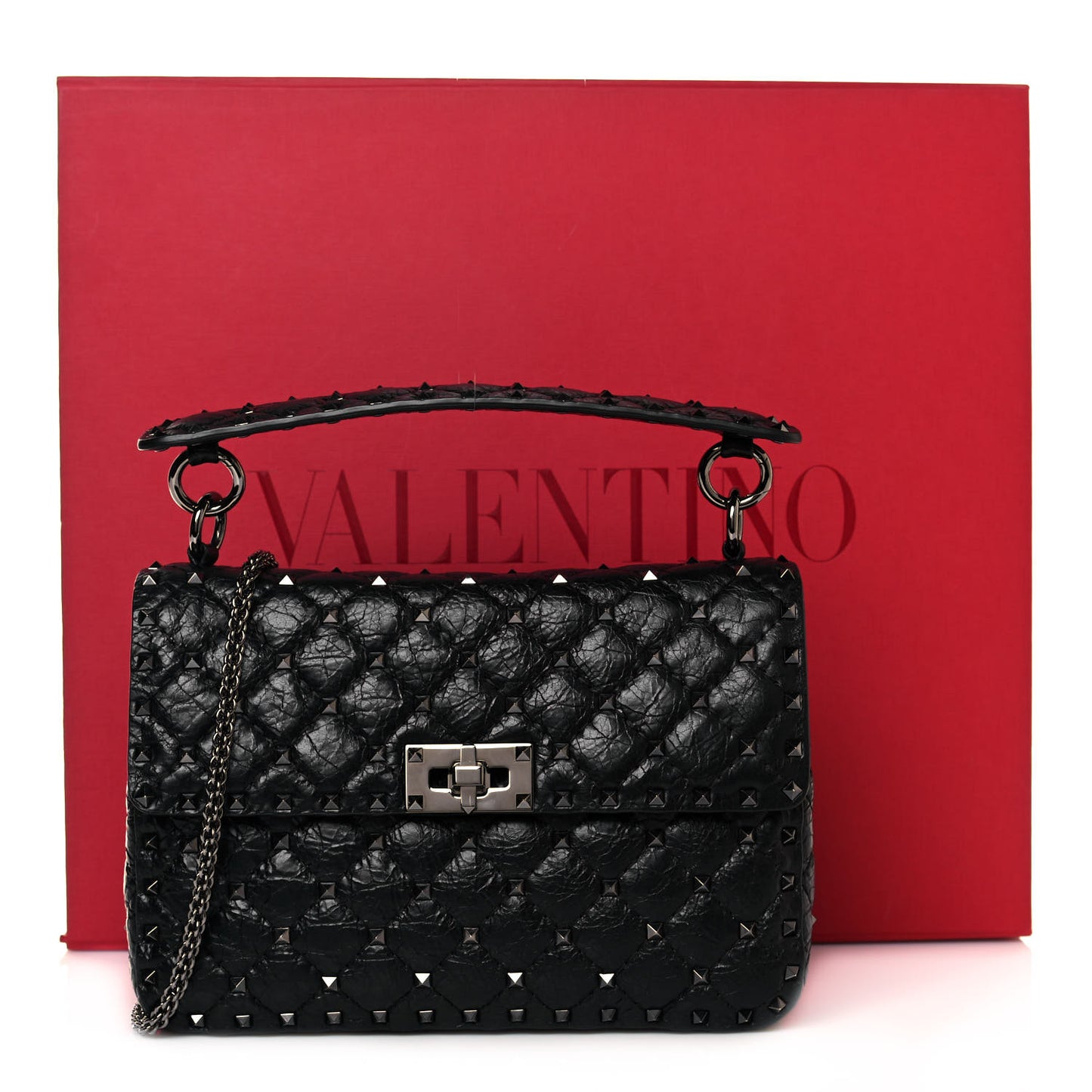 Craquele Nappa Medium Rockstud Spike Shoulder Bag Black