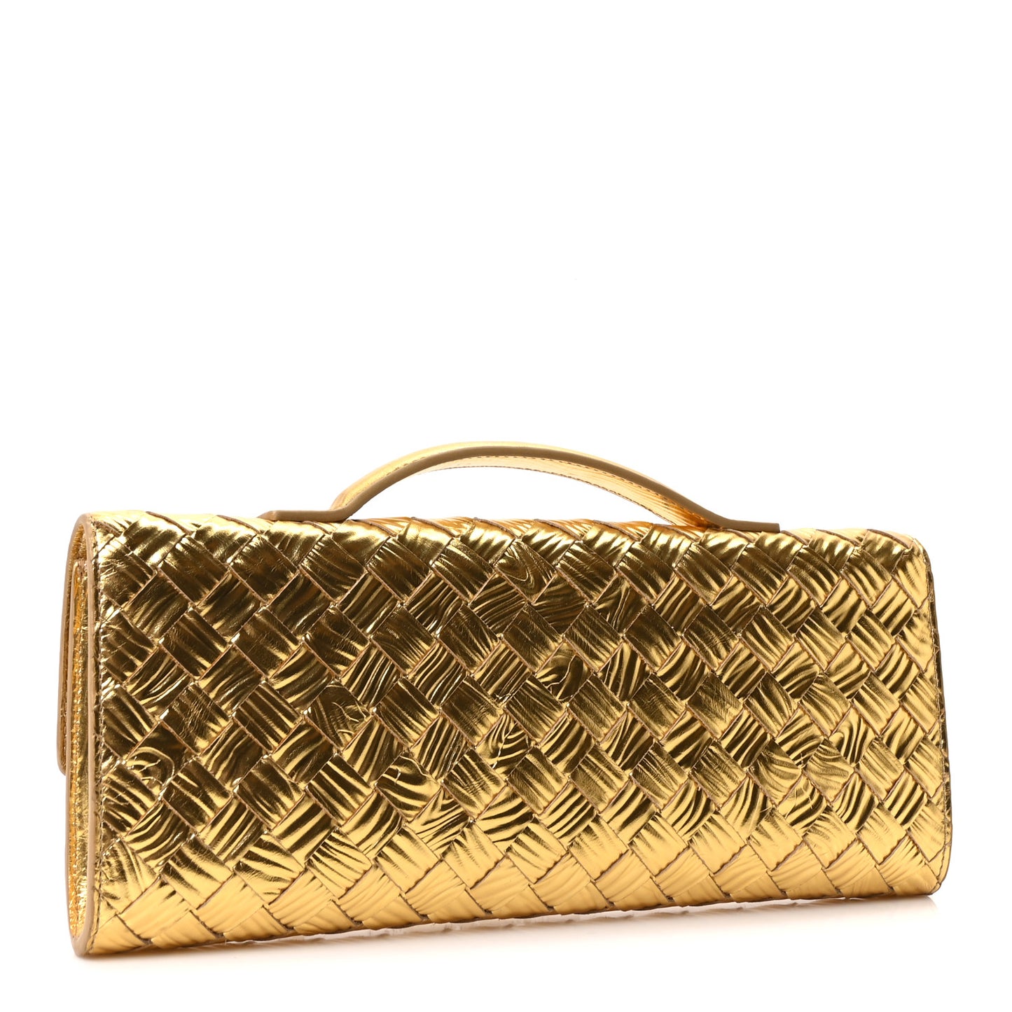 Metallic Satin Lambskin Intrecciato Long Andiamo Top Handle Clutch Gold