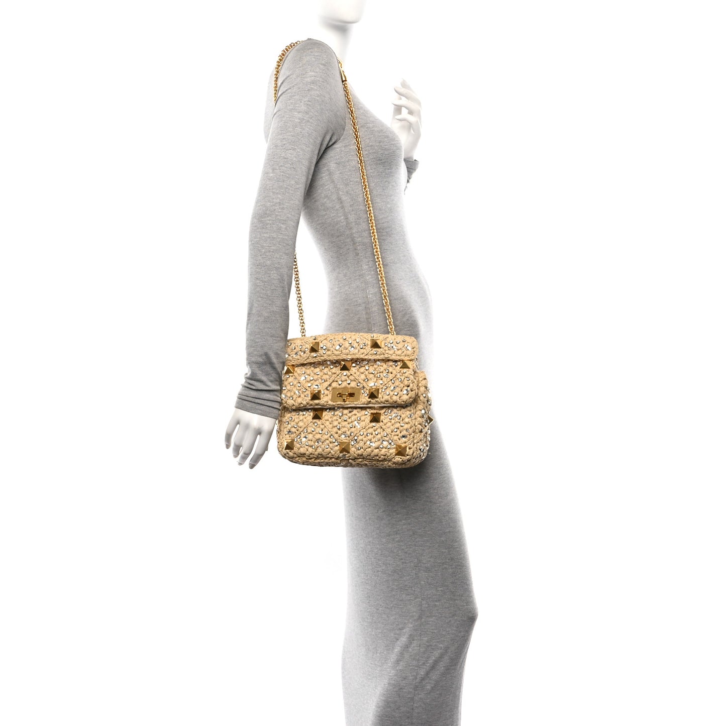 Raffia Crystal Medium Roman Stud Shoulder Bag Naturale Crystal