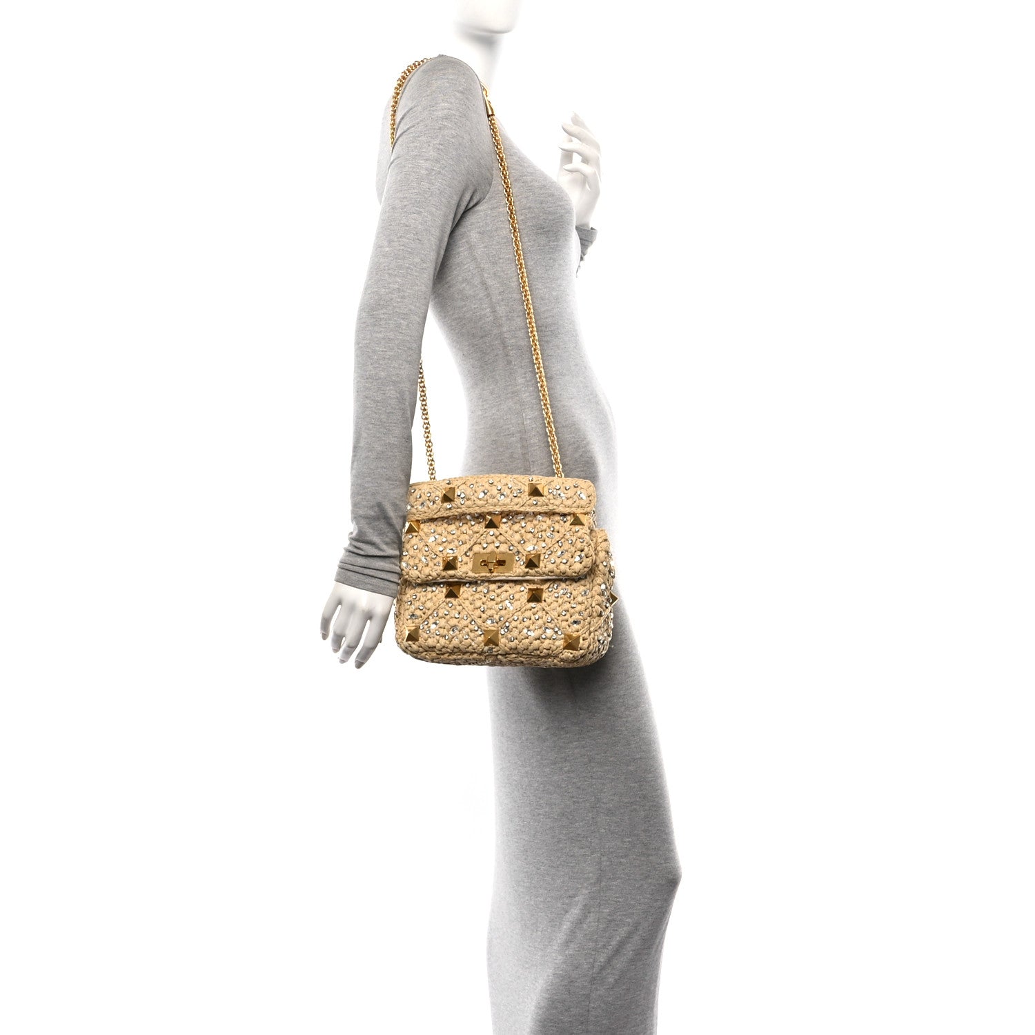 Valentino Garavani Raffia Crystal Medium Roman Stud Shoulder Bag Naturale Crystal 2 of 9