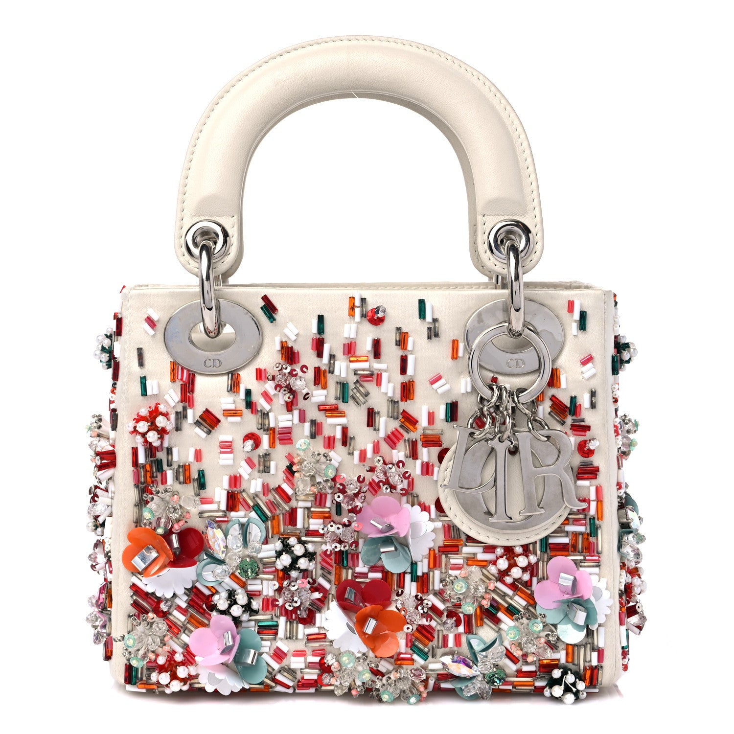 Christian Dior Satin Lambskin Sequin Embroidered Mini Lady Dior White Multicolor 1 of 14