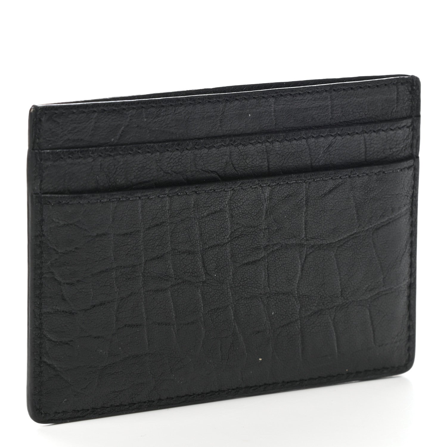 Saint Laurent Calfskin Crocodile Embossed Monogram Credit Card Case Black 3 of 6