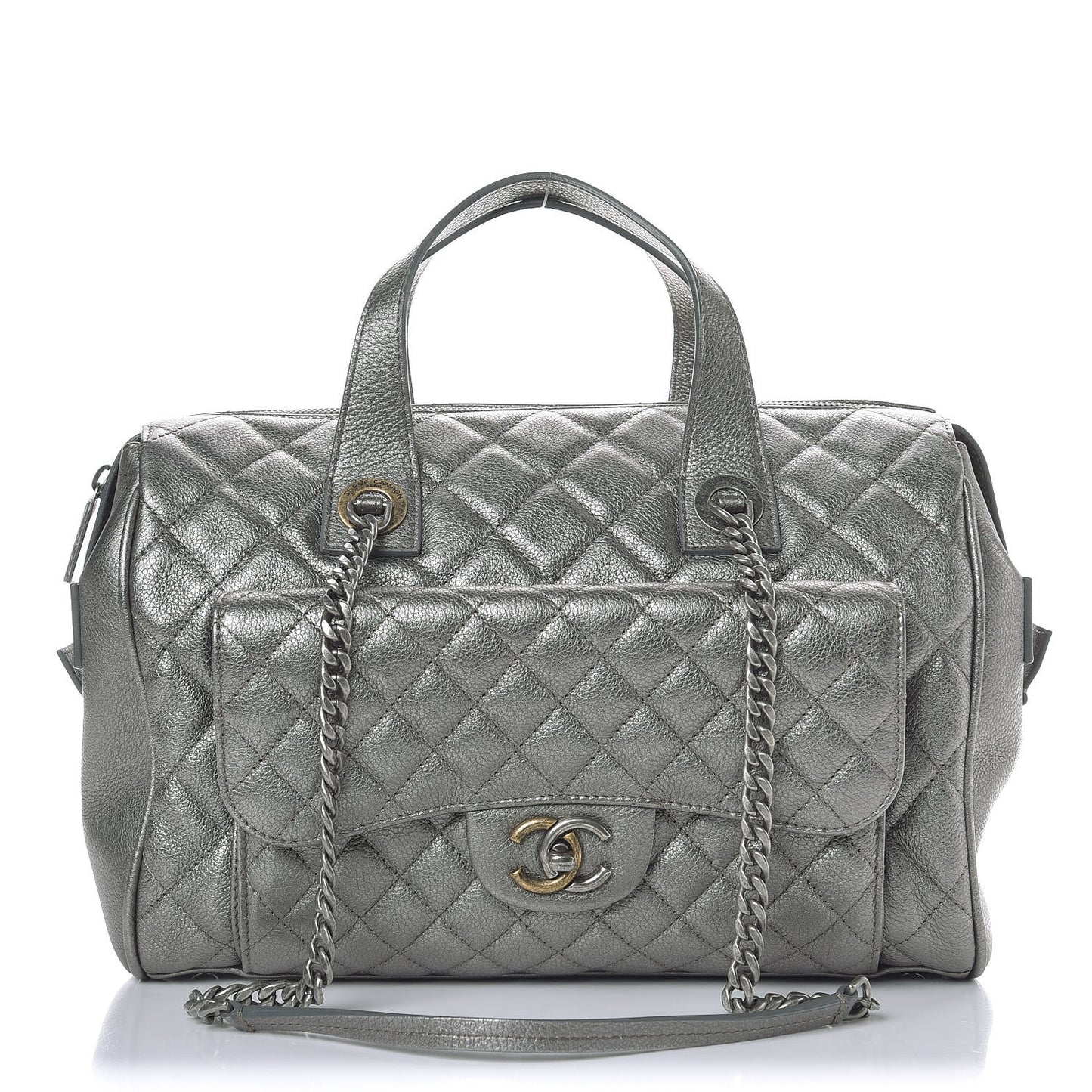 Metallic Grained Calfskin Quilted Large Casual Pocket Bowling Bag Silver