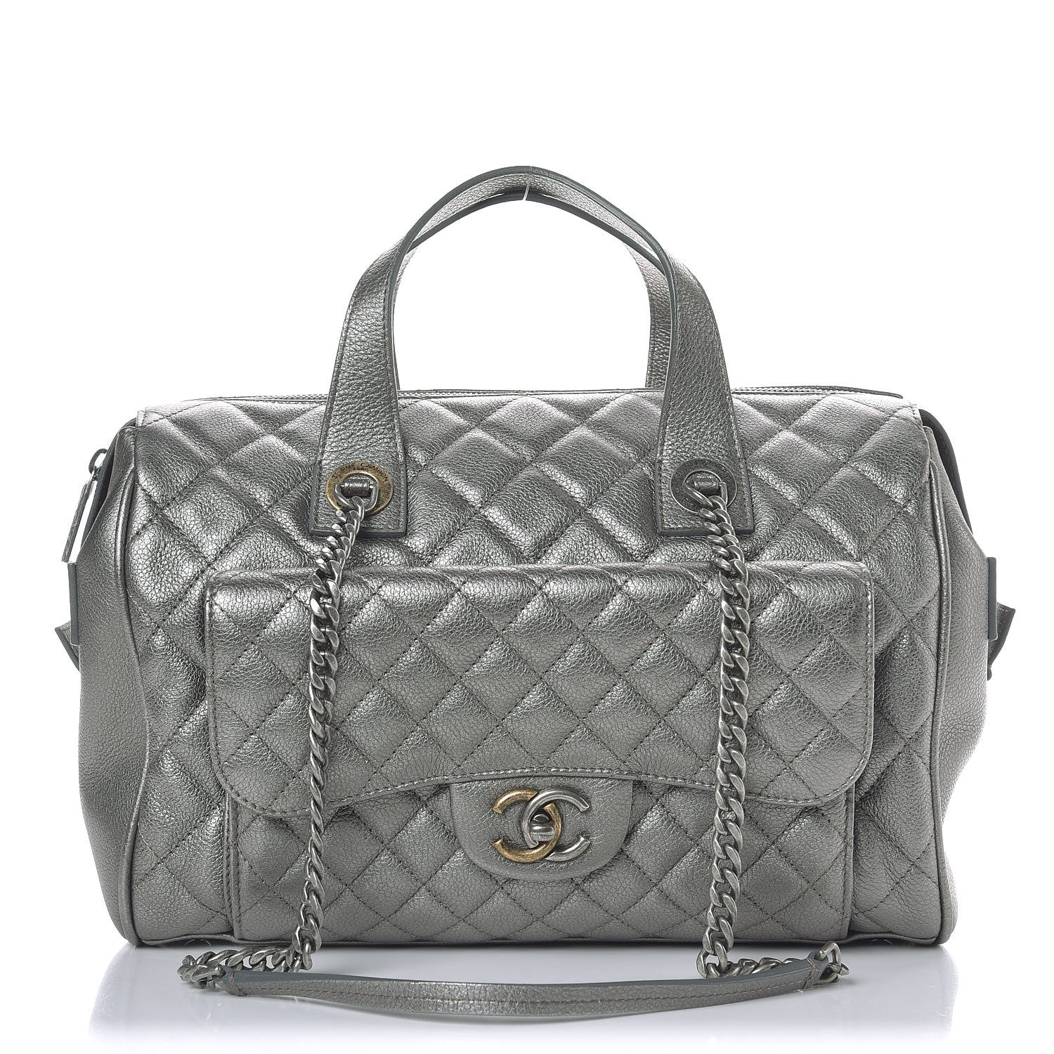 Chanel Metallic Grained Calfskin Quilted Large Casual Pocket Bowling Bag Silver 1 of 8