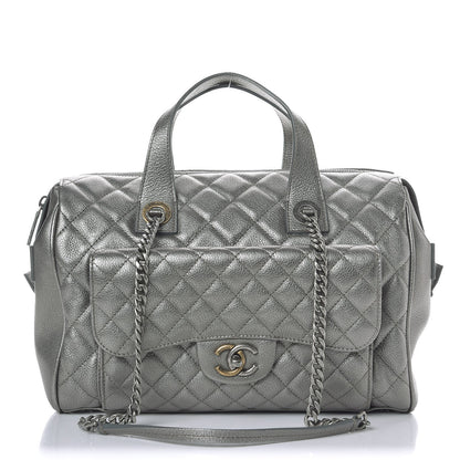 Chanel Metallic Grained Calfskin Quilted Large Casual Pocket Bowling Bag Silver 1 of 8