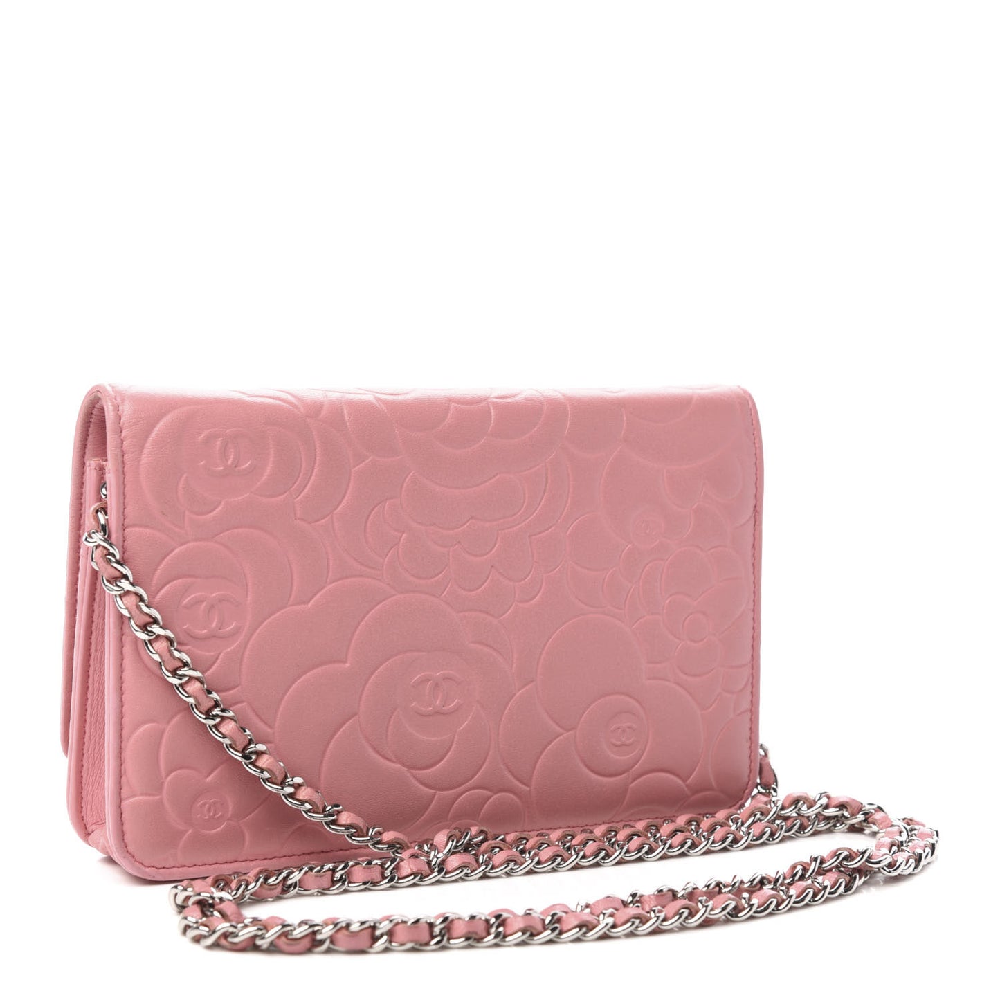 Lambskin Camellia Embossed Wallet On Chain WOC Pink