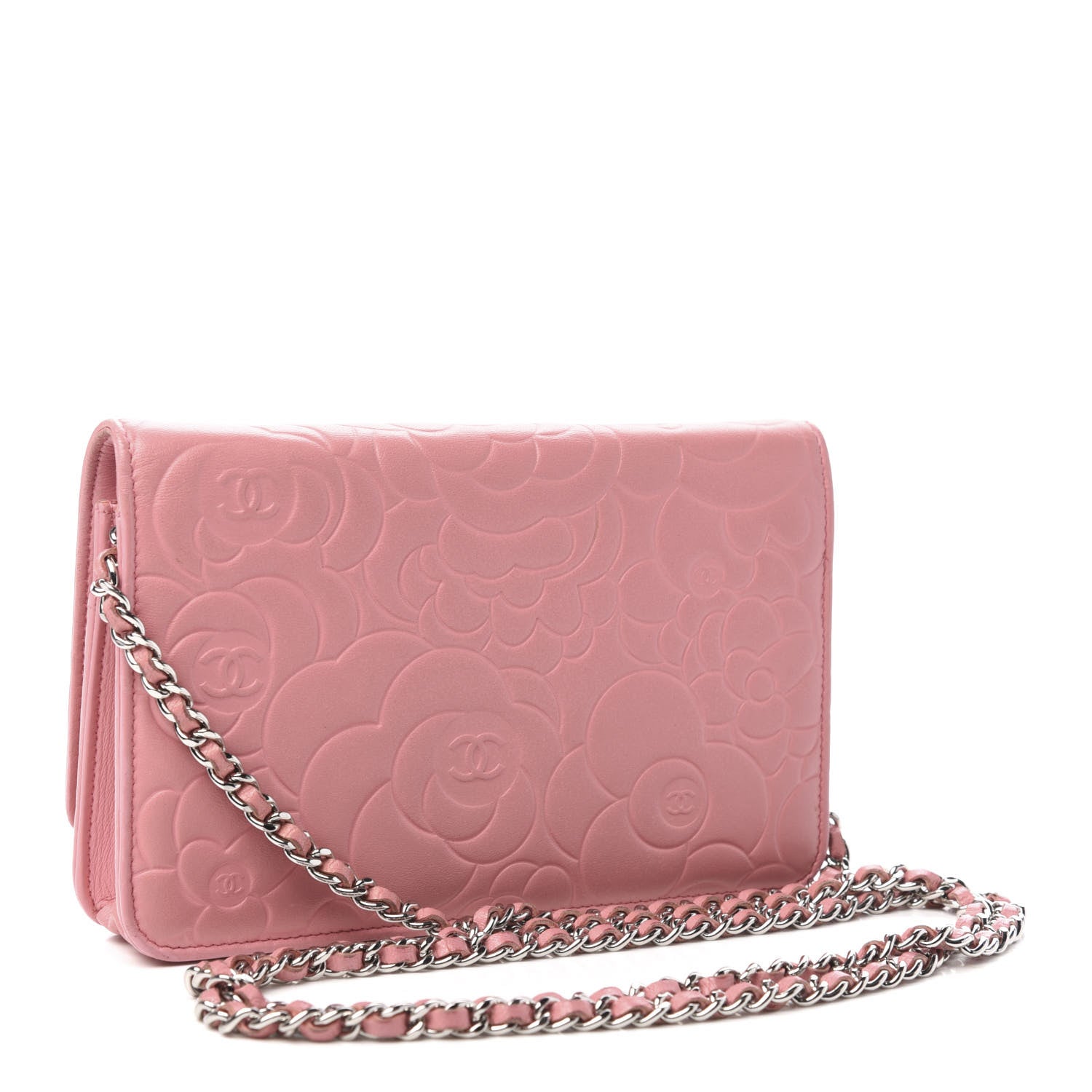 Chanel Lambskin Camellia Embossed Wallet On Chain WOC Pink 3 of 12