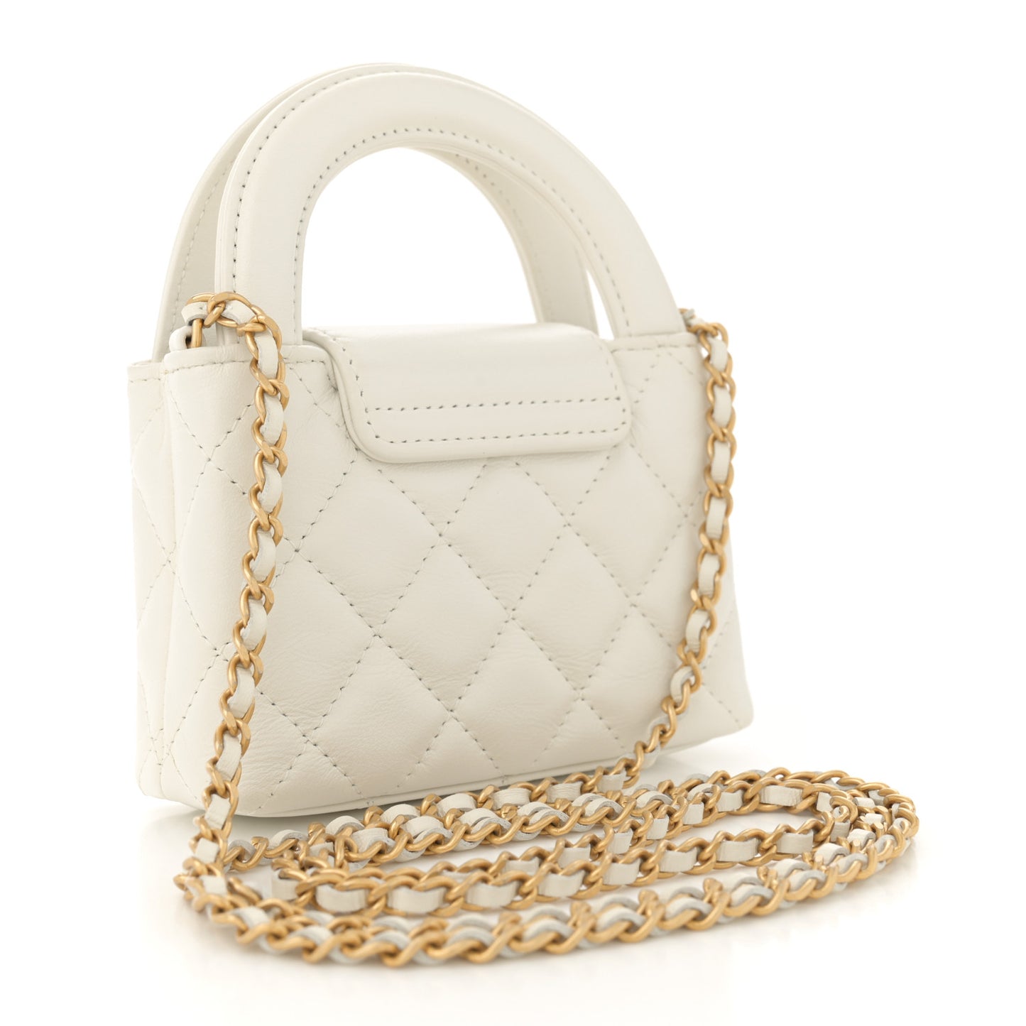Shiny Aged Calfskin Quilted Mini Nano Kelly Shopper White