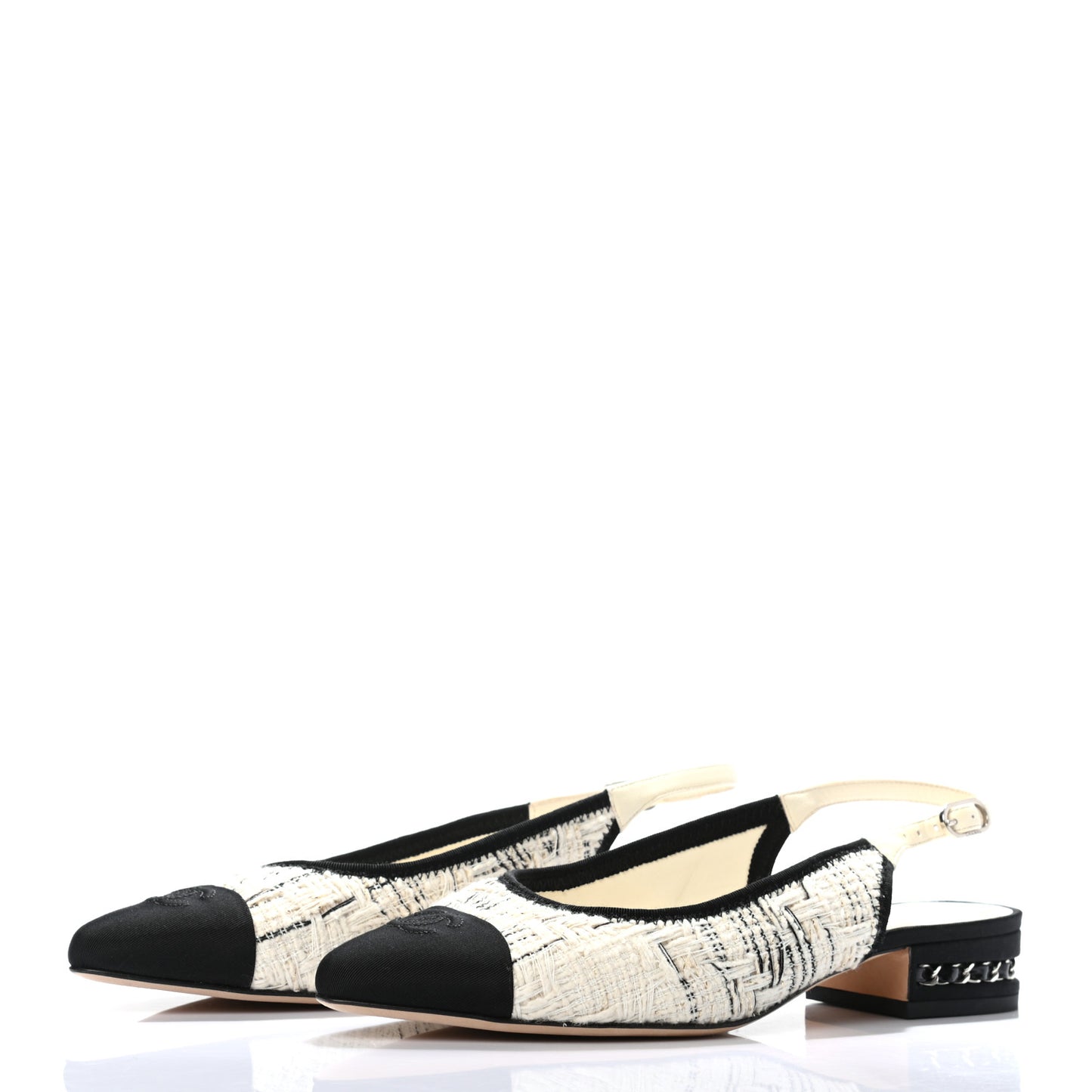 Tweed Cap Toe CC Slingback Flat 38.5 Ecru Black