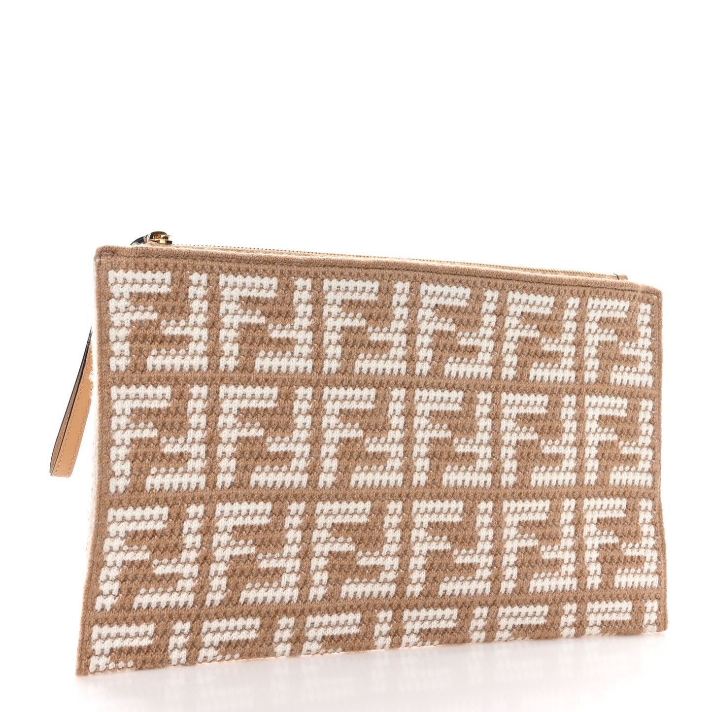 Fabric Calfskin FF Woven Large Flat Pouch Cammello