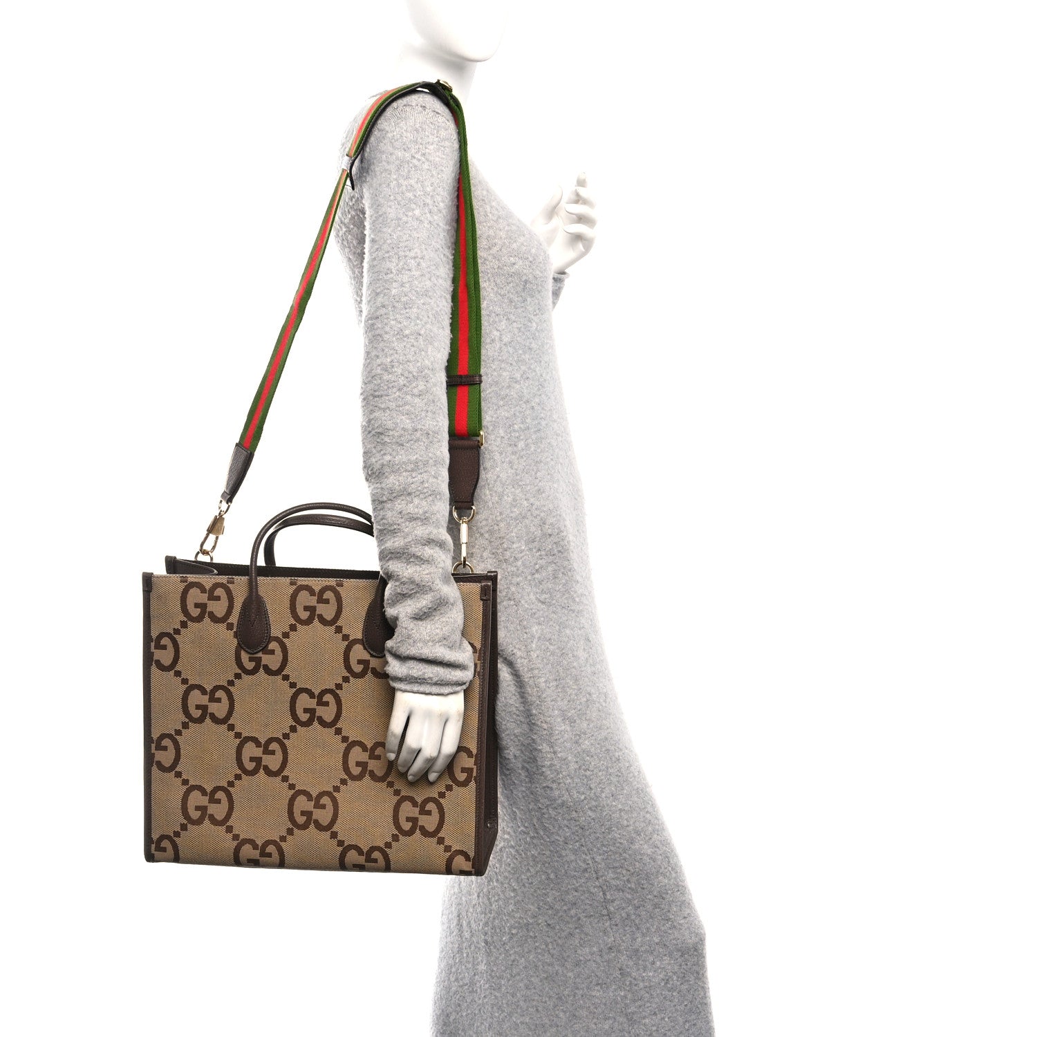Gucci Monogram Jumbo GG Textured Dollar Calfskin Web Tote Bag Camel Ebony New Acero 2 of 16