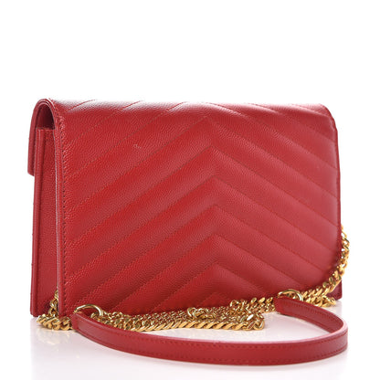 Saint Laurent Grain De Poudre Matelasse Chevron Monogram Envelope Chain Wallet New Red 3 of 9
