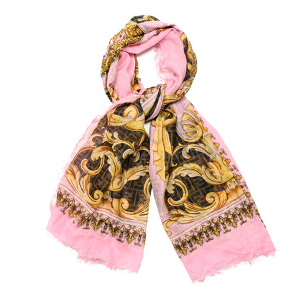 Fendi X VERSACE Silk FF Baroque Fringe Scarf Gold Pink 1 of 3