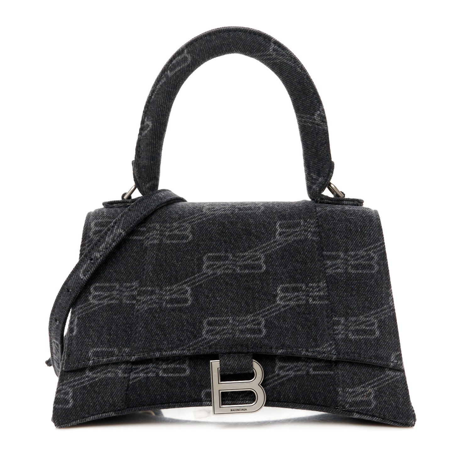 Washed Denim BB Monogram Small Hourglass Top Handle Bag Black