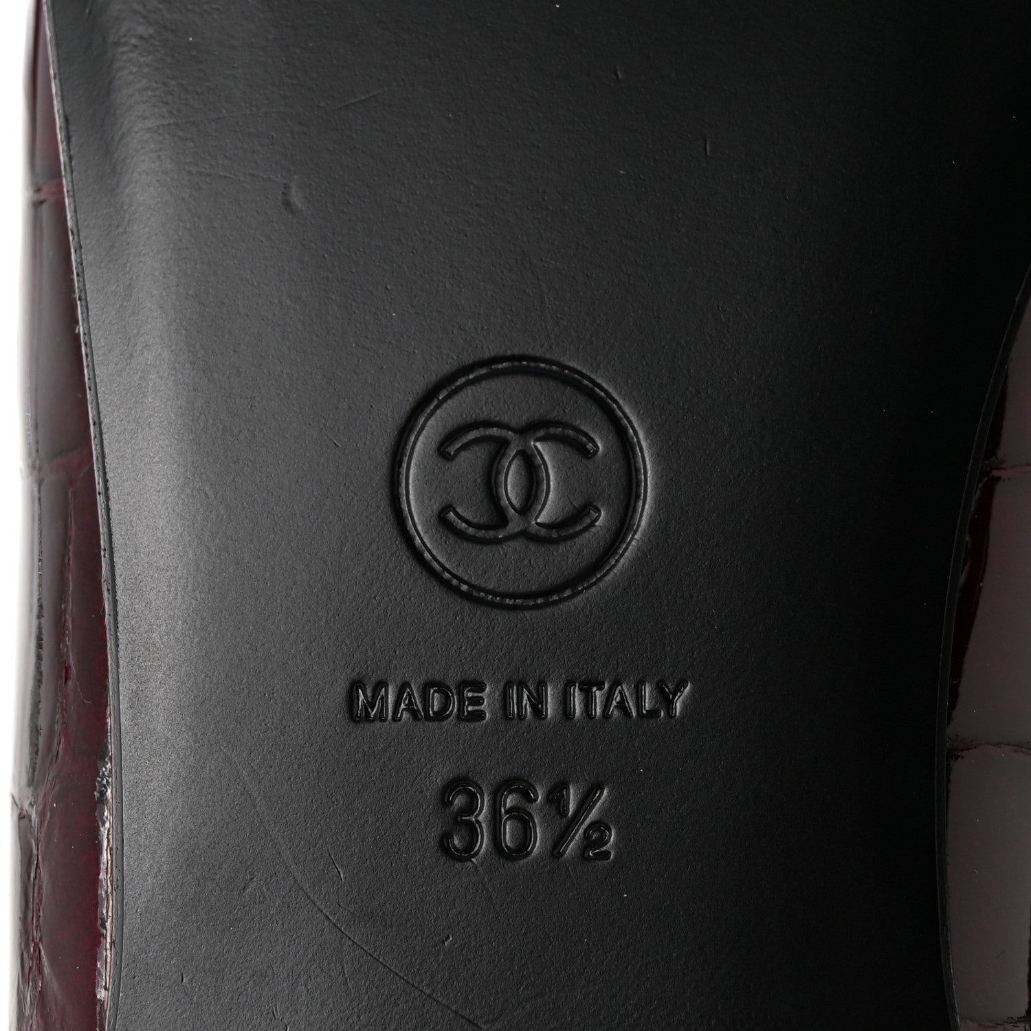 Chanel Patent Calfskin Crocodile Embossed Cap Toe CC Ballerina Flats 36.5 Dark Burgundy Black 7 of 10