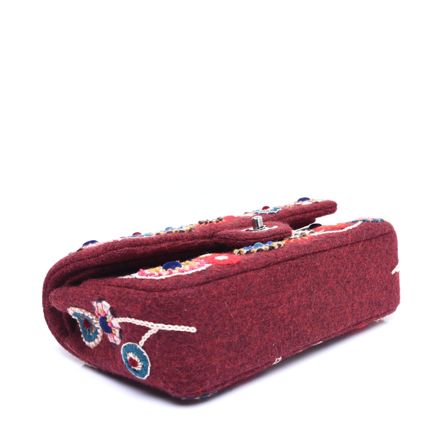 Felt Flower Embroidered Medium Double Flap Burgundy Multicolor