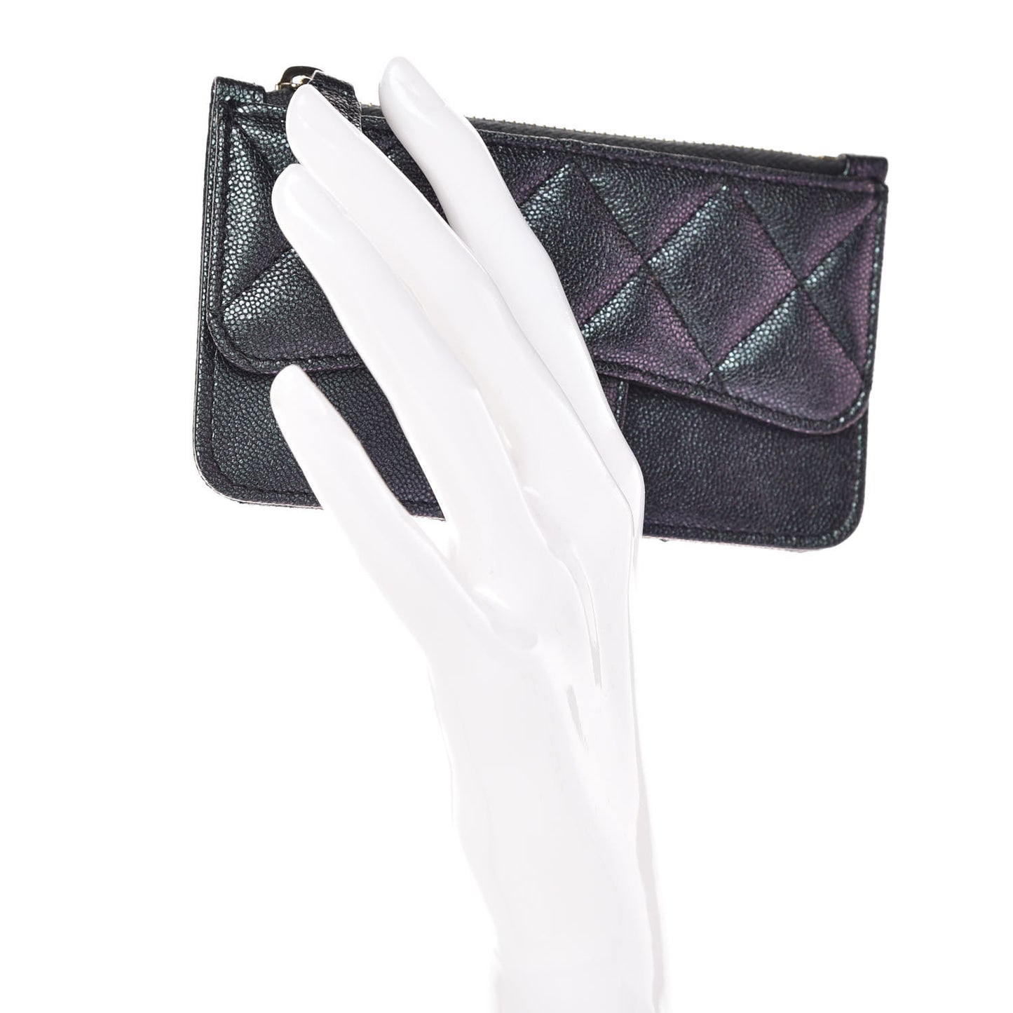 Iridescent Caviar Quilted Flap Zip Card Holder Black