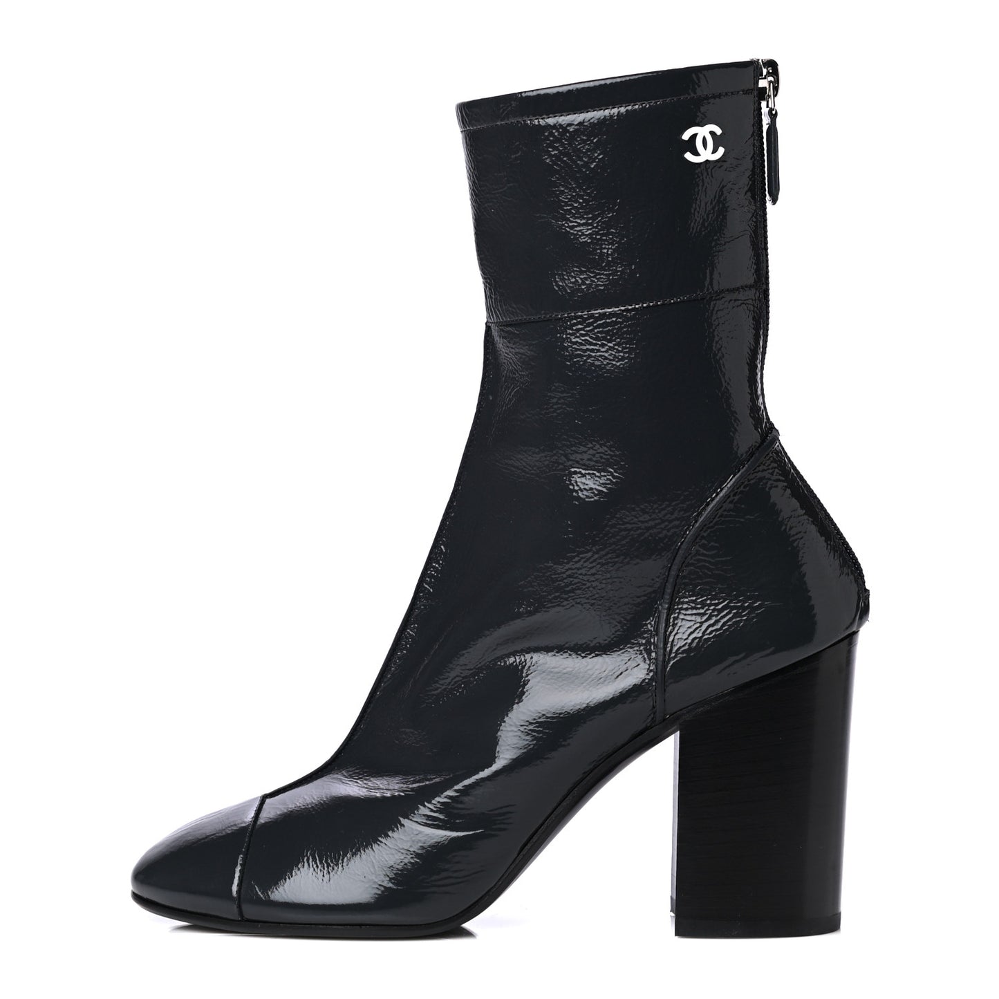 Shiny Crumpled Calfskin CC Cap Toe Short Boots 38.5 Dark Grey